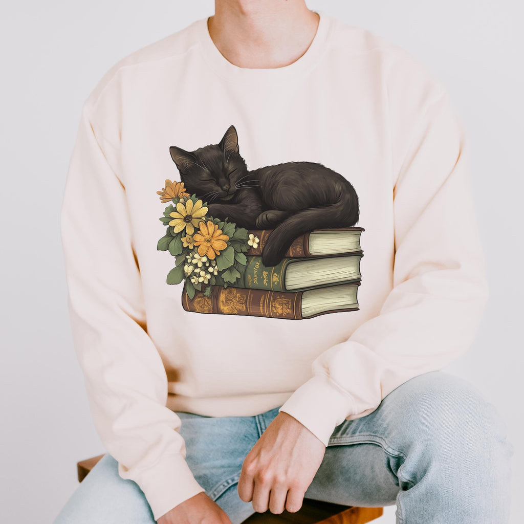 Black Cat & Books graphic sweatshirt featuring Floral Book Lover