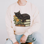 Black Cat & Books graphic sweatshirt featuring Floral Book Lover