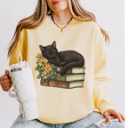 Black Cat & Books graphic sweatshirt featuring Floral Book Lover