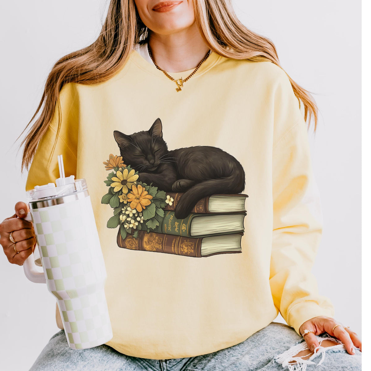 Black Cat & Books graphic sweatshirt featuring Floral Book Lover