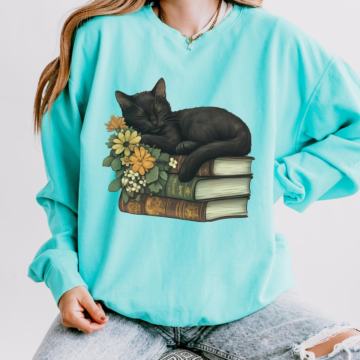 Black Cat & Books graphic sweatshirt featuring Floral Book Lover in Butter