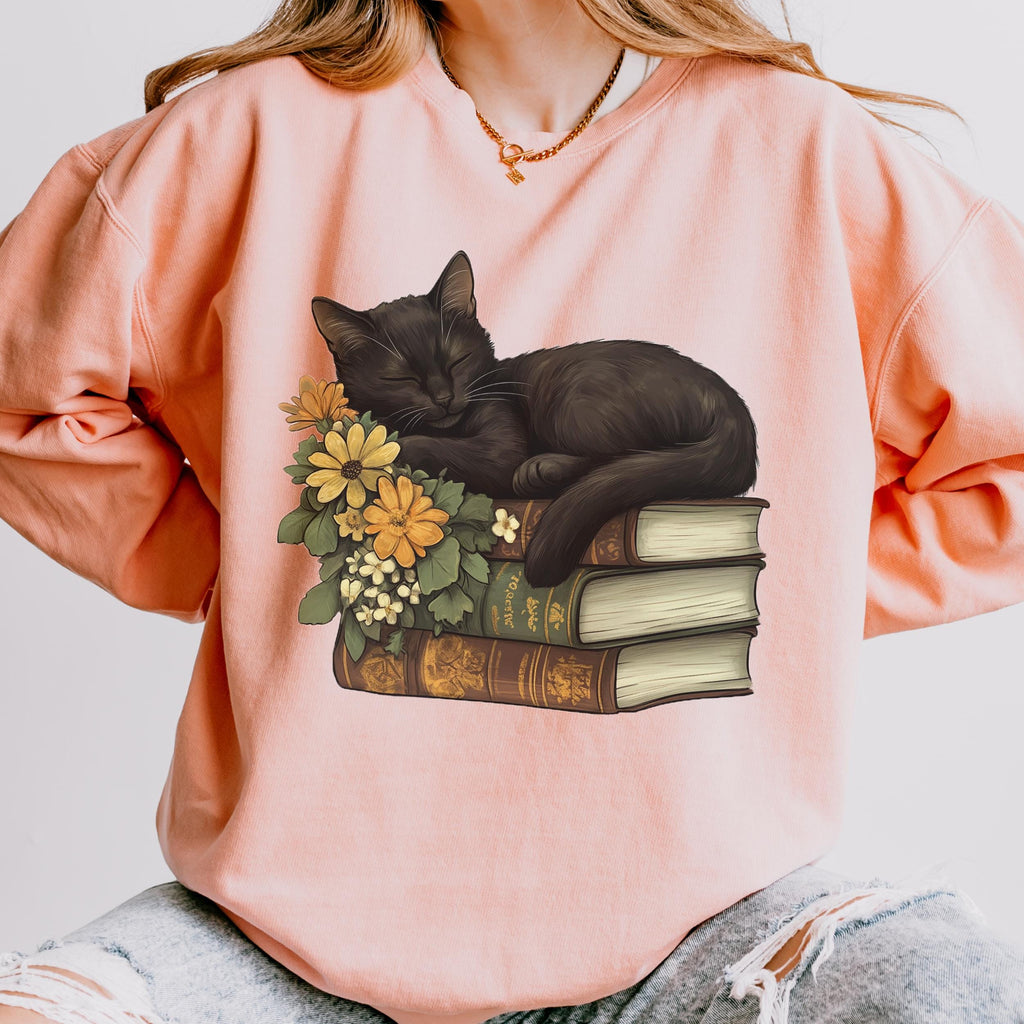 Black Cat & Books graphic sweatshirt featuring Floral Book Lover