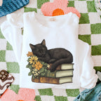 Black Cat & Books graphic sweatshirt featuring Floral Book Lover