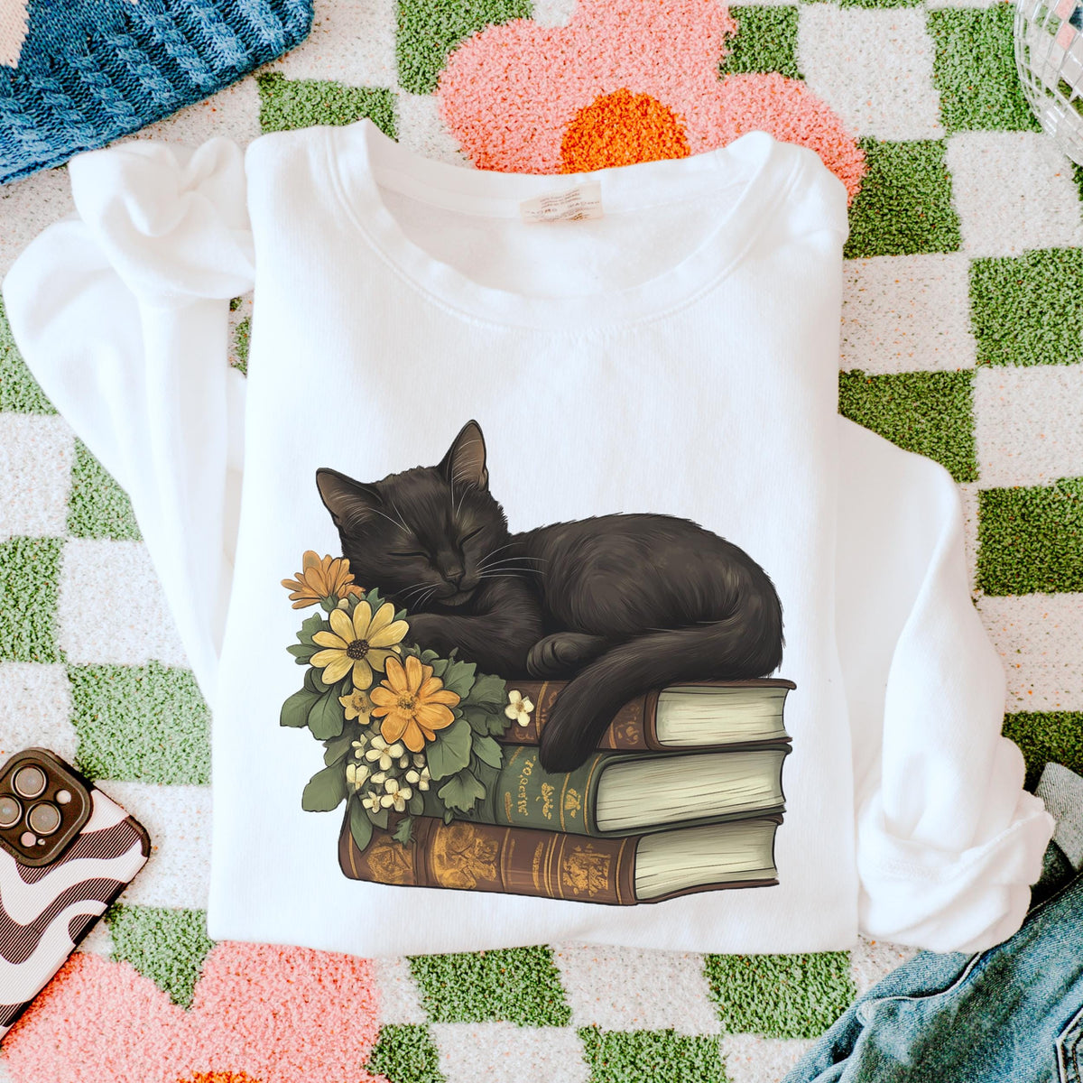 Black Cat & Books graphic sweatshirt featuring Floral Book Lover