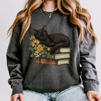 Black Cat & Books graphic sweatshirt featuring Floral Book Lover