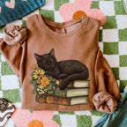 Black Cat & Books graphic sweatshirt featuring Floral Book Lover