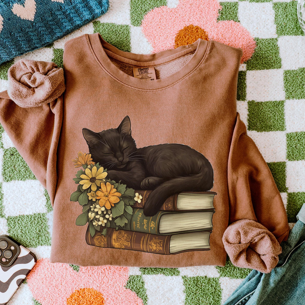 Black Cat & Books graphic sweatshirt featuring Floral Book Lover