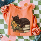 Black Cat & Books graphic sweatshirt featuring Floral Book Lover