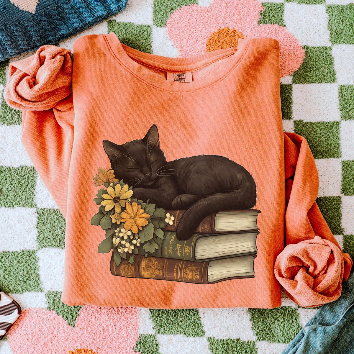 Black Cat & Books graphic sweatshirt featuring Floral Book Lover