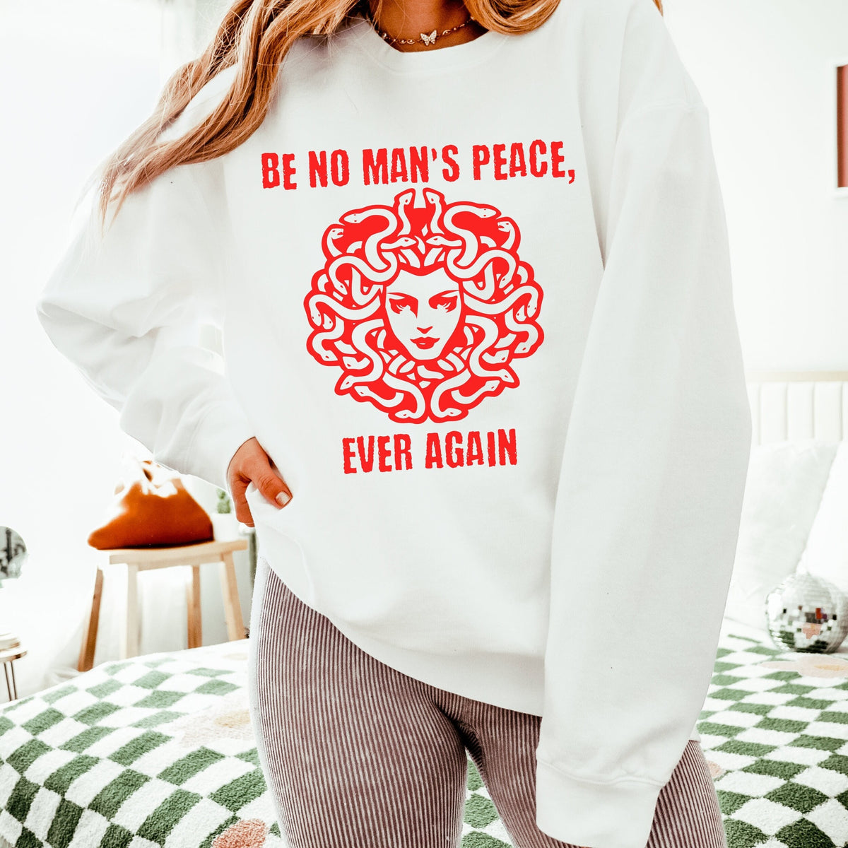 Be No Man’s Peace, Ever Again graphic sweatshirt featuring Feminist Medusa in Black