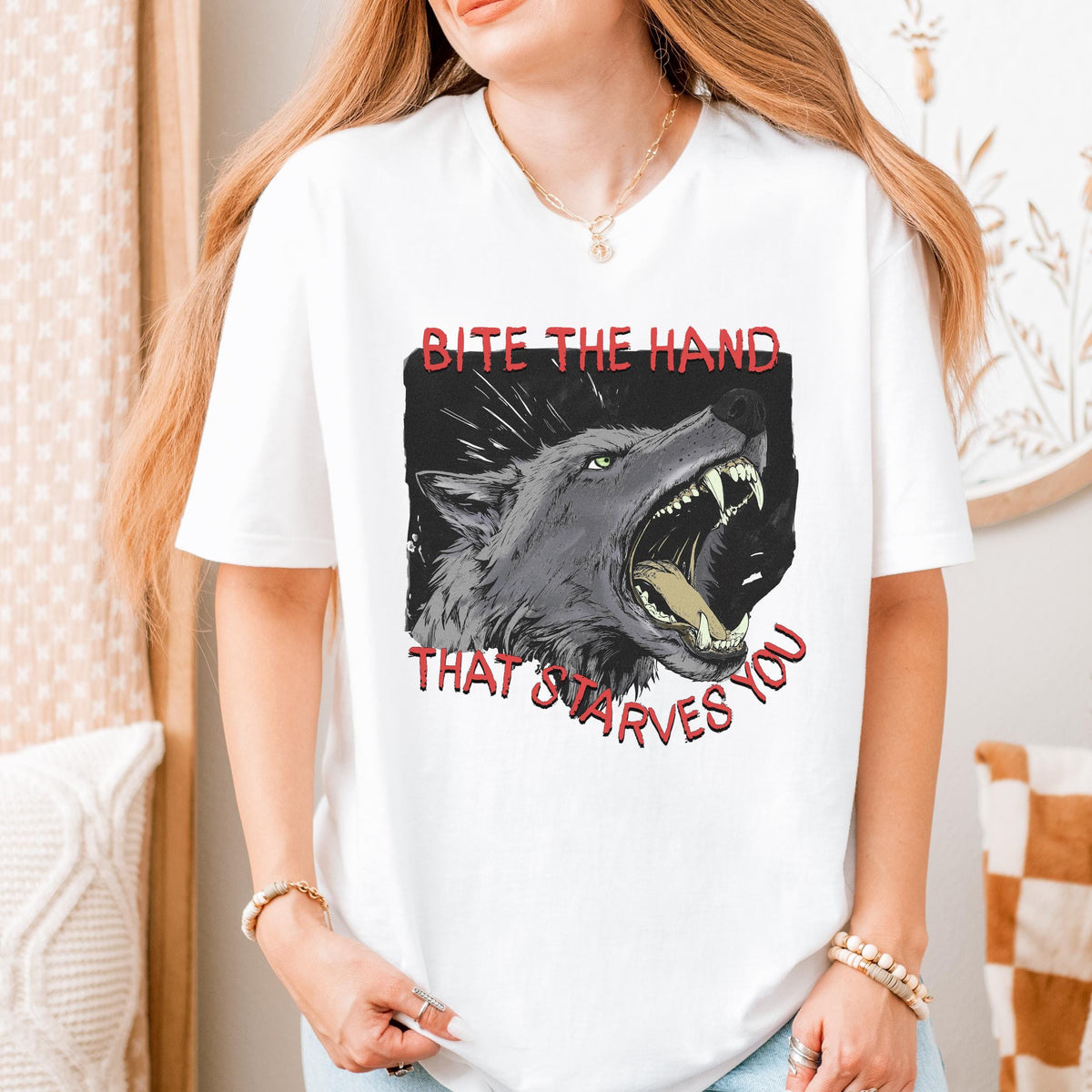 Bite the Hand That Starves You graphic shirt featuring Pro-Union Wolf