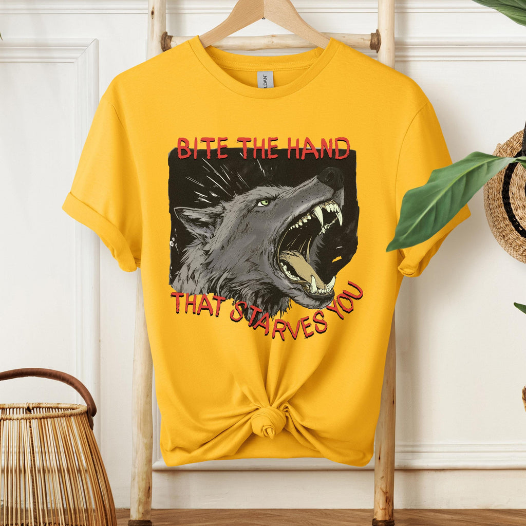 Bite the Hand That Starves You graphic shirt featuring Pro-Union Wolf