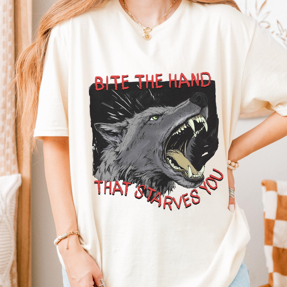 Bite the Hand That Starves You graphic shirt featuring Pro-Union Wolf