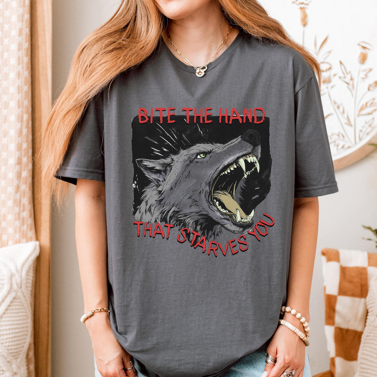 Bite the Hand That Starves You graphic shirt featuring Pro-Union Wolf in Charcoal