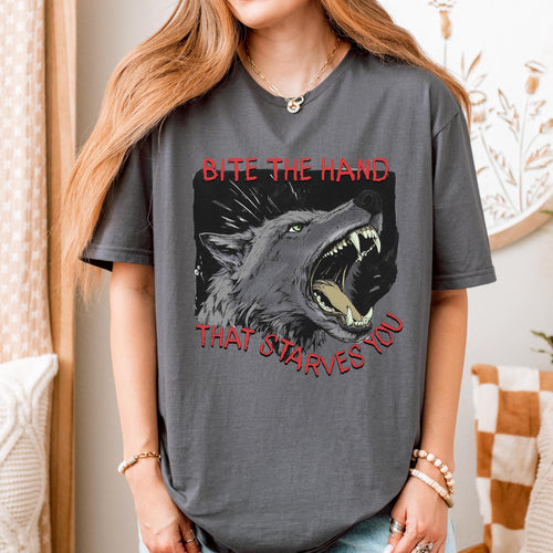 Bite the Hand That Starves You graphic shirt featuring Pro-Union Wolf in Charcoal