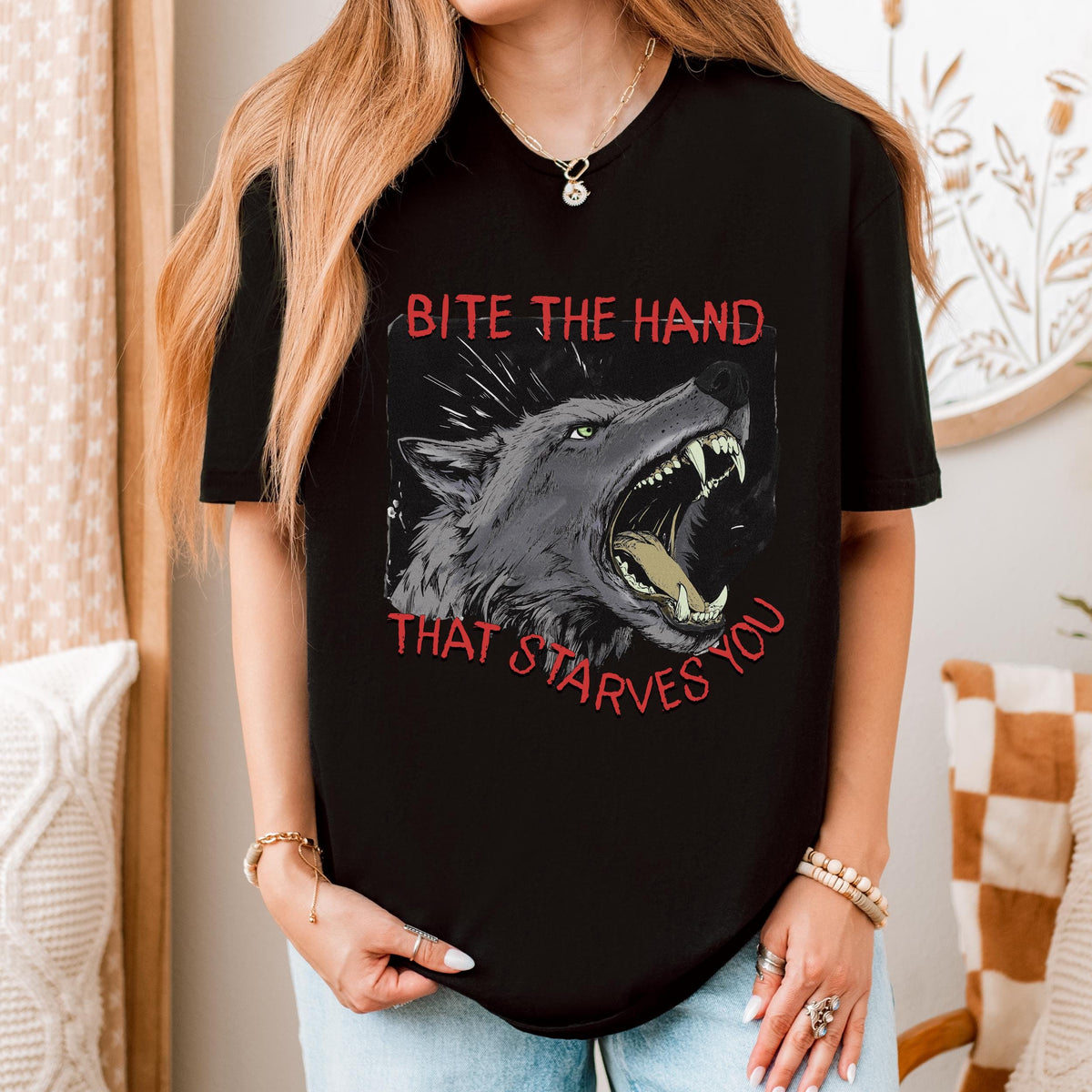 Bite the Hand That Starves You graphic shirt featuring Pro-Union Wolf
