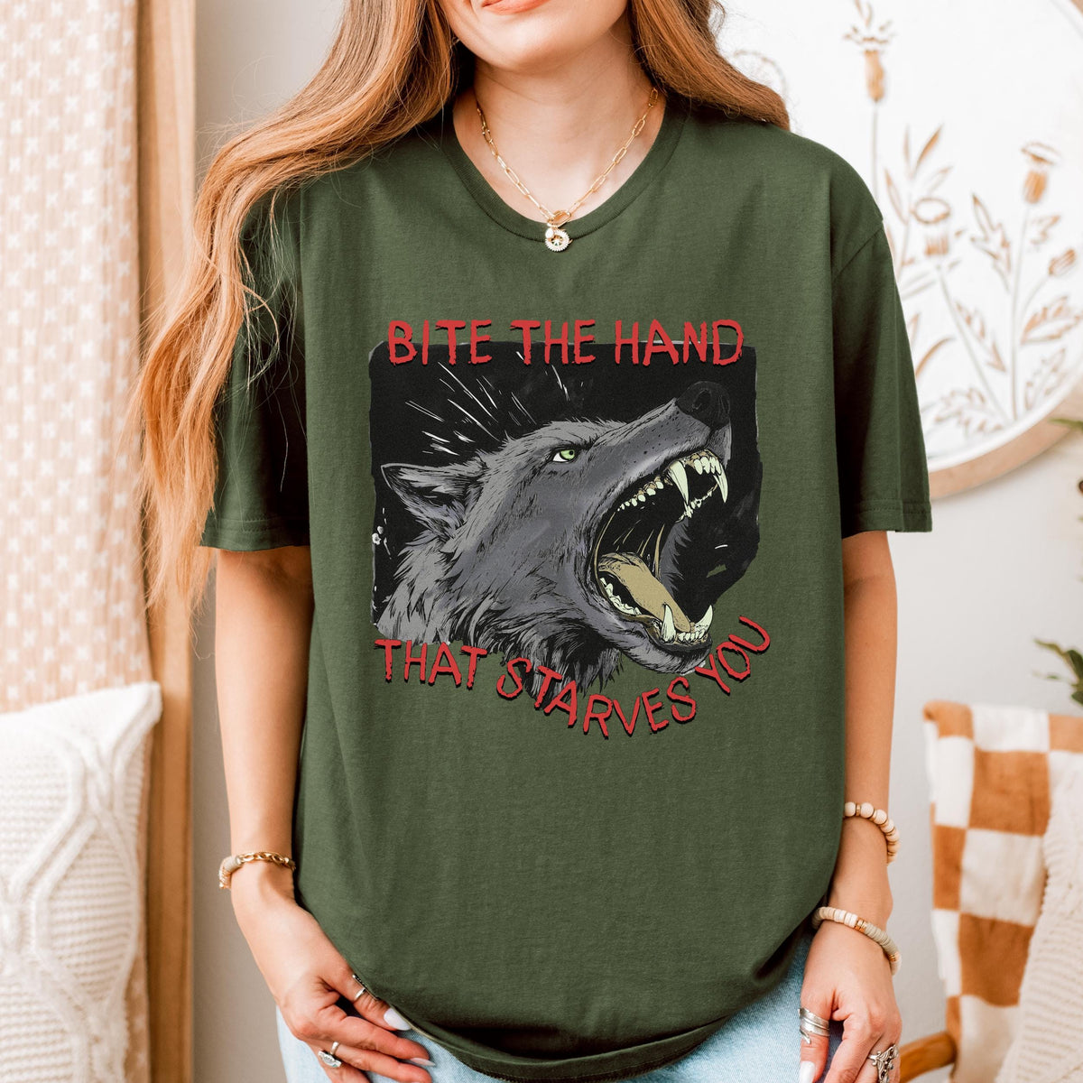 Bite the Hand That Starves You graphic shirt featuring Pro-Union Wolf