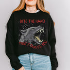 Bite the Hand That Starves You graphic sweatshirt featuring Pro-Worker Wolf in Ash