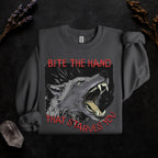 Bite the Hand That Starves You graphic sweatshirt featuring Pro-Worker Wolf