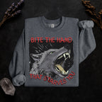 Bite the Hand That Starves You graphic sweatshirt featuring Pro-Worker Wolf