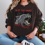 Bite the Hand That Starves You graphic sweatshirt featuring Pro-Worker Wolf