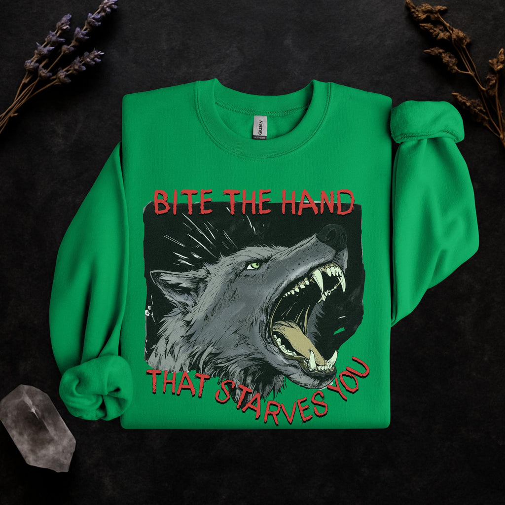 Bite the Hand That Starves You graphic sweatshirt featuring Pro-Worker Wolf