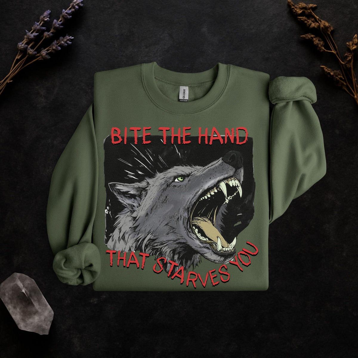 Bite the Hand That Starves You graphic sweatshirt featuring Pro-Worker Wolf