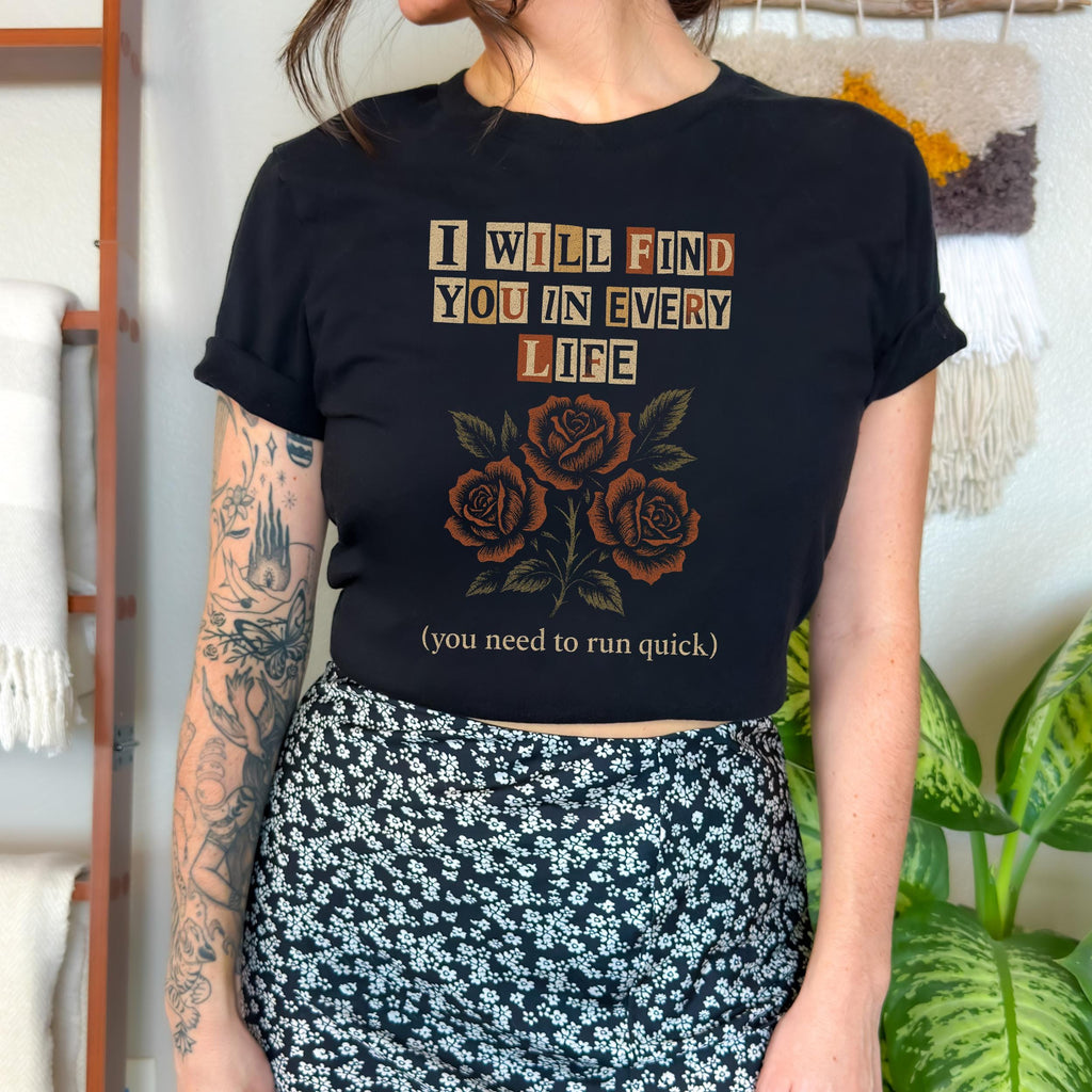 I Will Find You in Every Life graphic shirt featuring Gothic Romance Rose in Navy