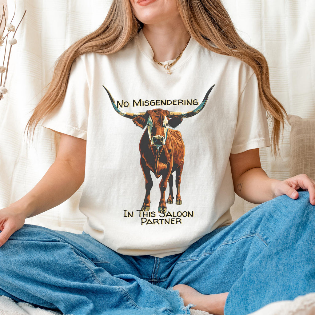 No Misgendering in This Saloon graphic shirt featuring Queer Western Longhorn in White