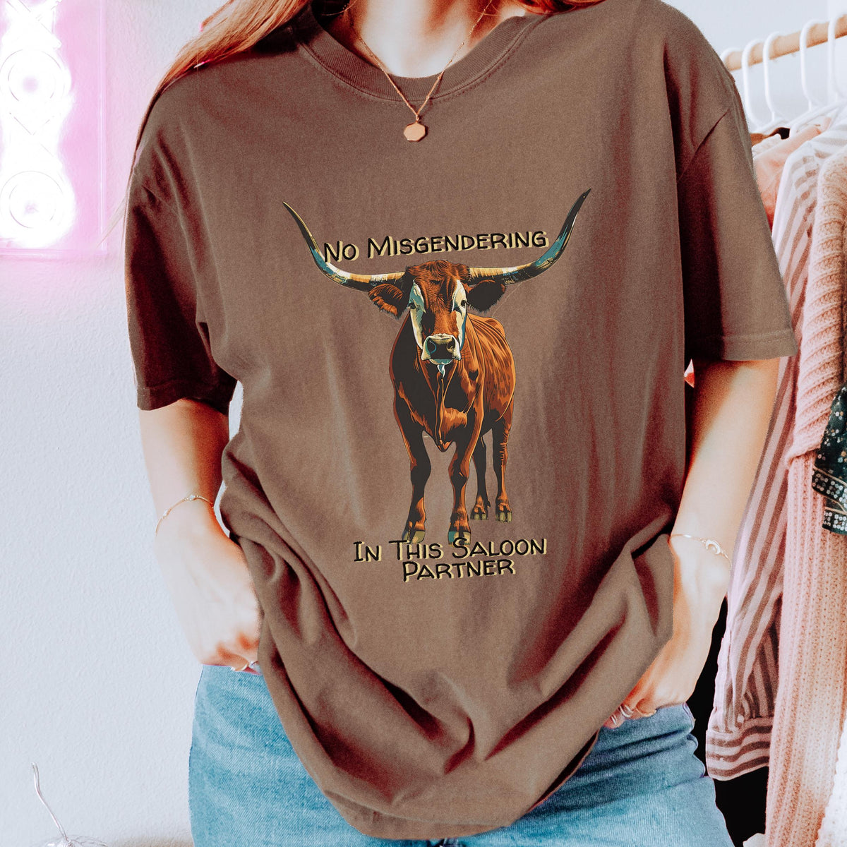 No Misgendering in This Saloon graphic shirt featuring Queer Western Longhorn