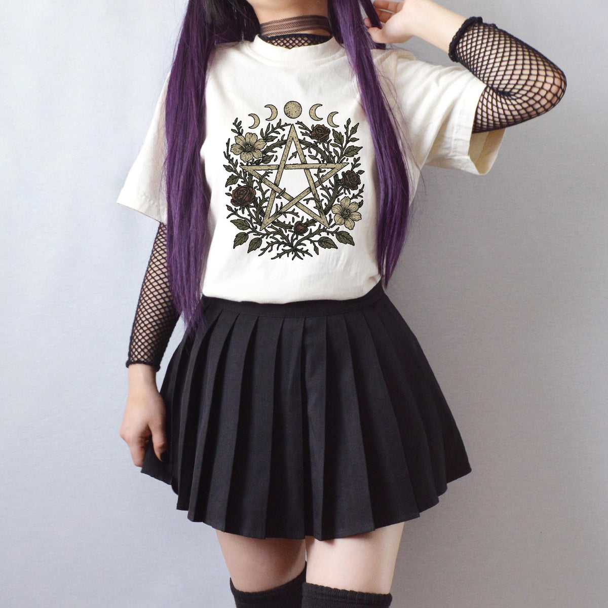 Floral Pentagram & Moon Phases graphic shirt featuring Witchy Botanical in Navy