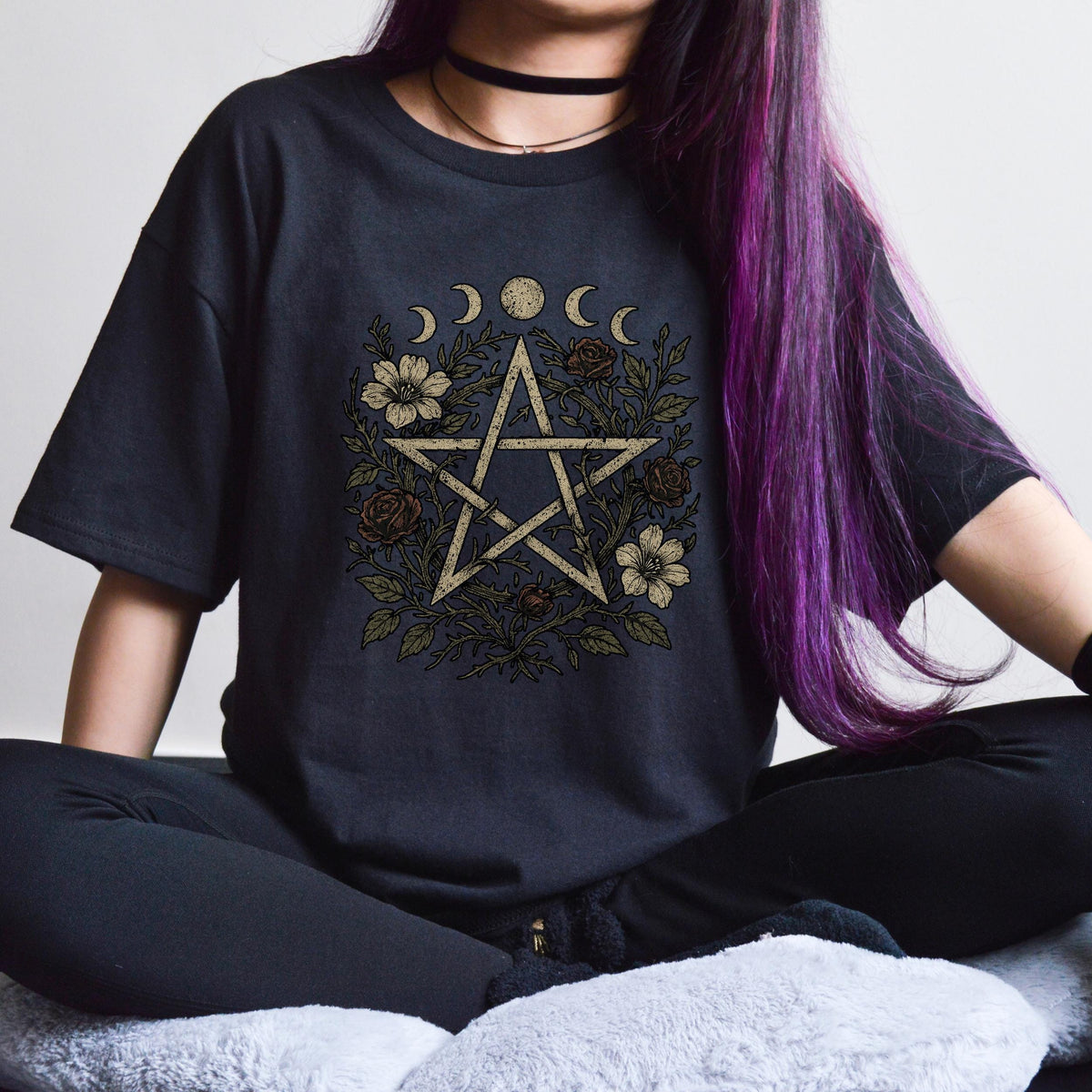 Floral Pentagram & Moon Phases graphic shirt featuring Witchy Botanical
