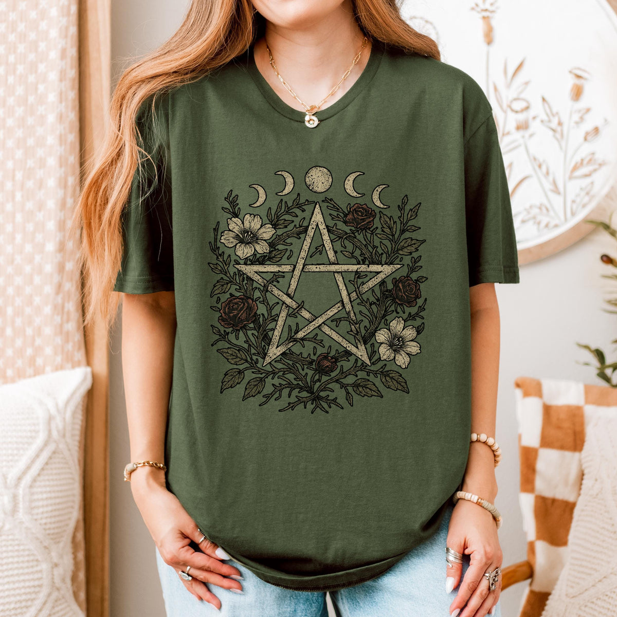 Floral Pentagram & Moon Phases graphic shirt featuring Witchy Botanical