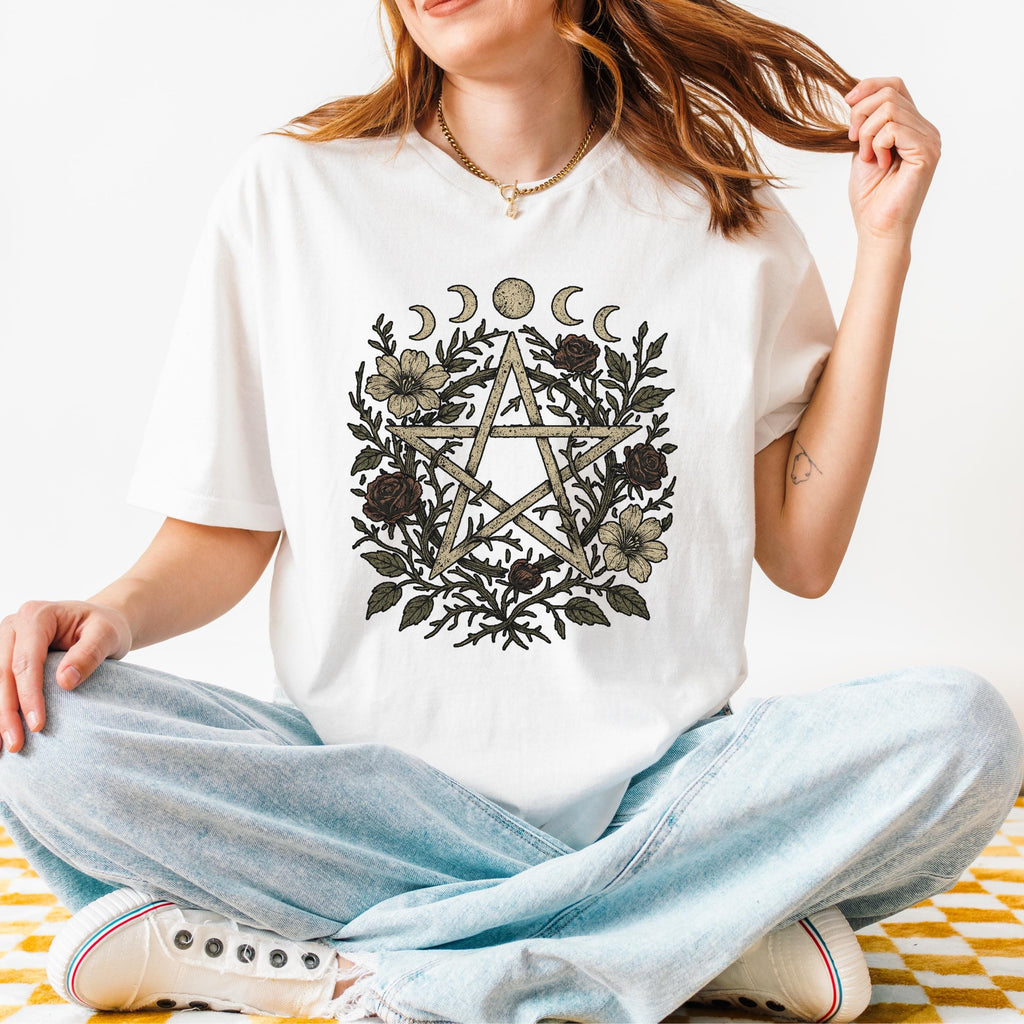 Floral Pentagram & Moon Phases graphic shirt featuring Witchy Botanical