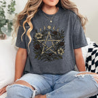 Floral Pentagram & Moon Phases graphic shirt featuring Witchy Botanical