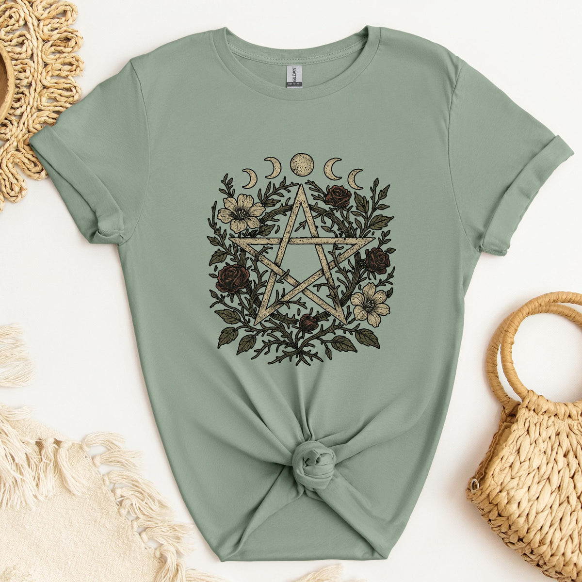 Floral Pentagram & Moon Phases graphic shirt featuring Witchy Botanical