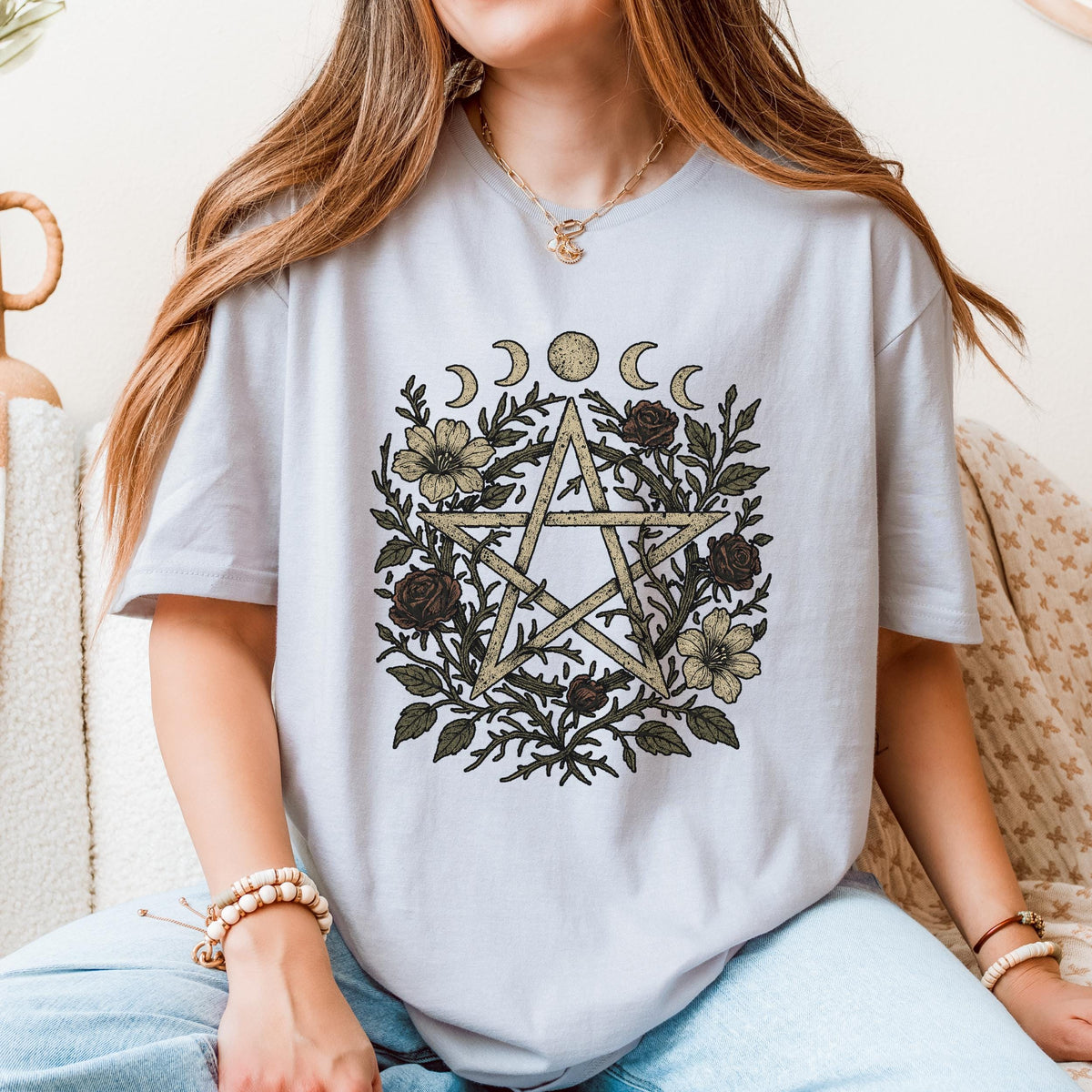 Floral Pentagram & Moon Phases graphic shirt featuring Witchy Botanical