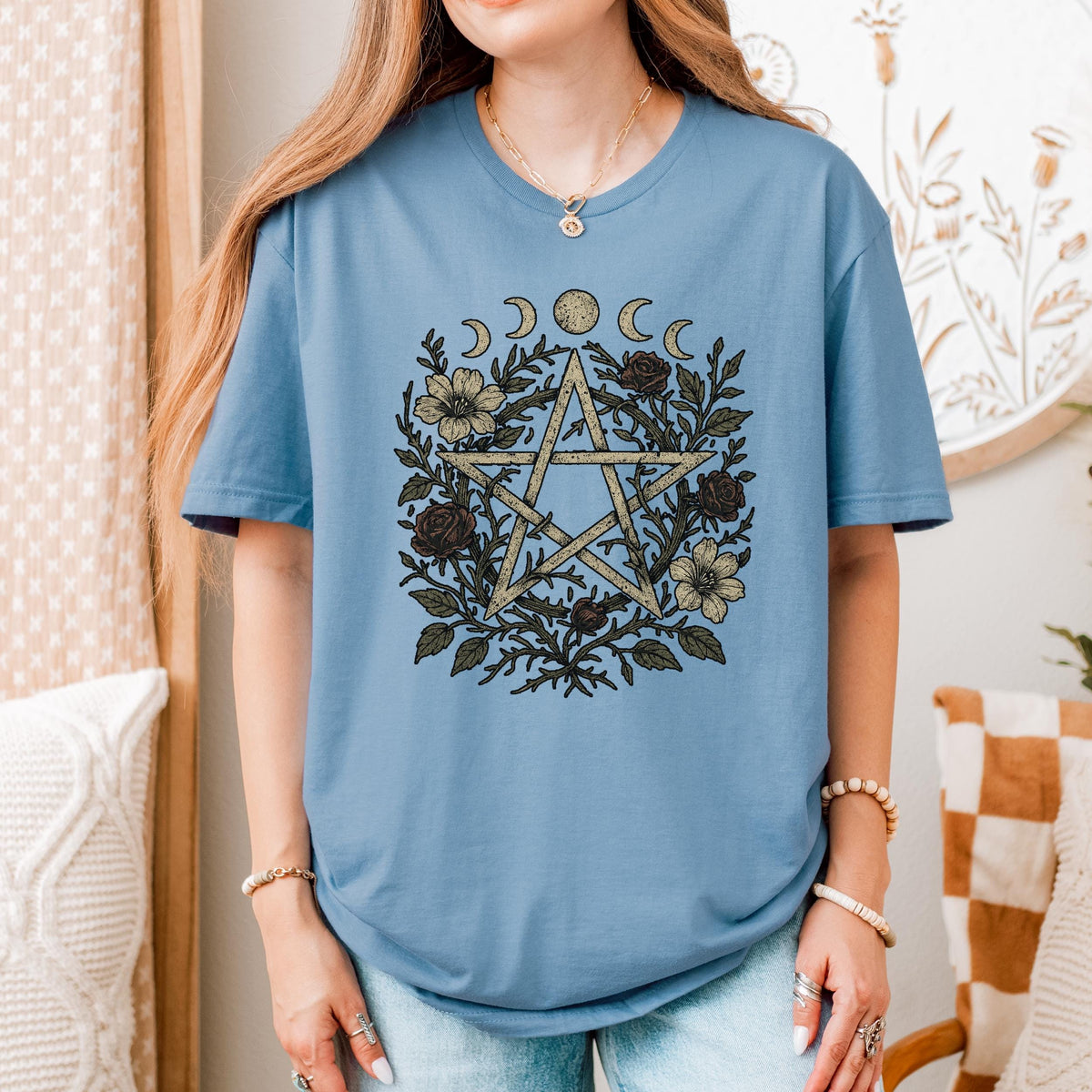 Floral Pentagram & Moon Phases graphic shirt featuring Witchy Botanical