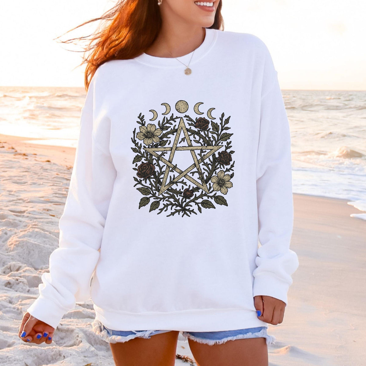 Floral Pentagram & Moon Phases graphic sweatshirt featuring Witchy Botanical in Ash