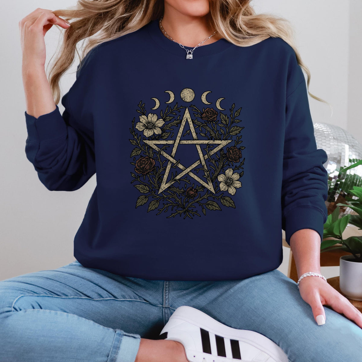 Floral Pentagram & Moon Phases graphic sweatshirt featuring Witchy Botanical