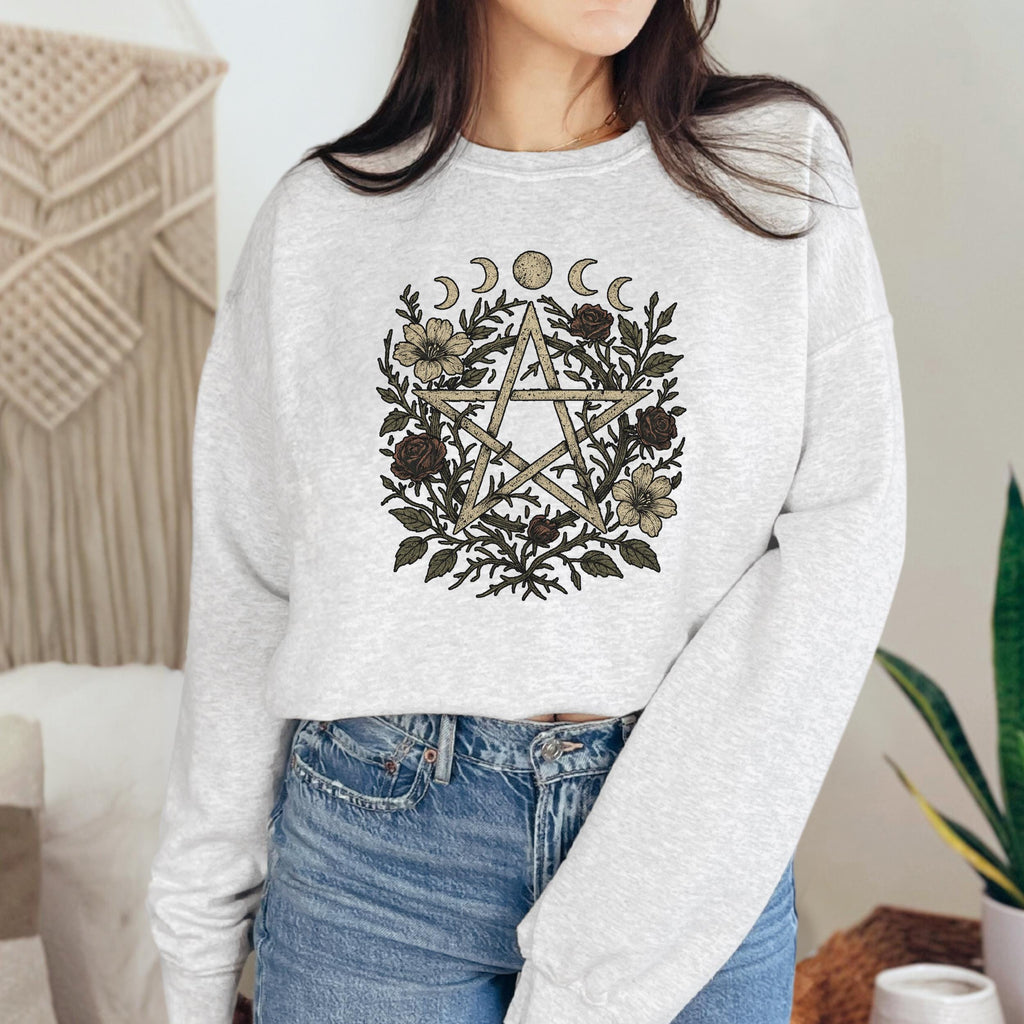 Floral Pentagram & Moon Phases graphic sweatshirt featuring Witchy Botanical