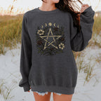 Floral Pentagram & Moon Phases graphic sweatshirt featuring Witchy Botanical