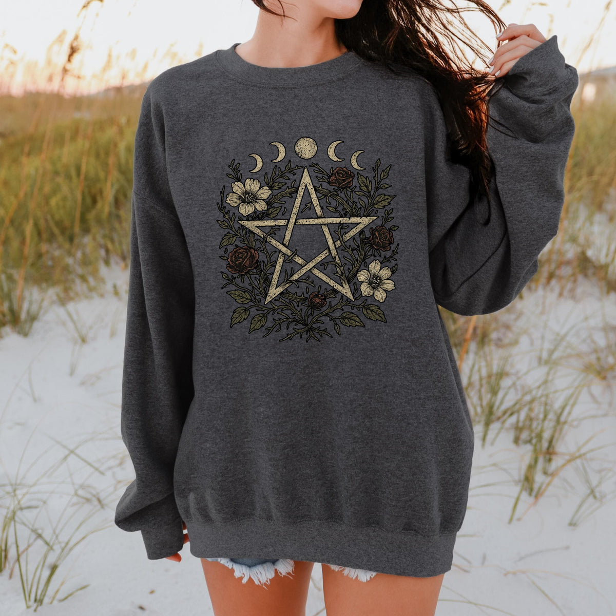 Floral Pentagram & Moon Phases graphic sweatshirt featuring Witchy Botanical