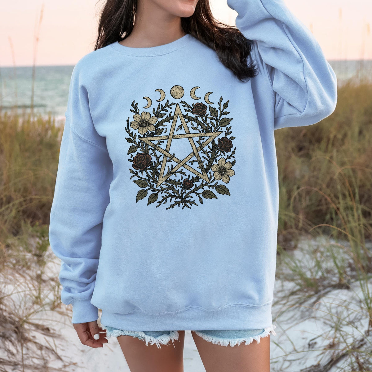 Floral Pentagram & Moon Phases graphic sweatshirt featuring Witchy Botanical