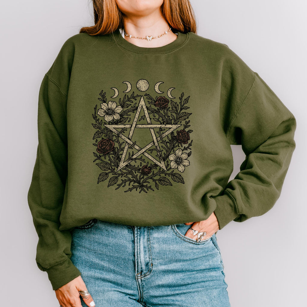 Floral Pentagram & Moon Phases graphic sweatshirt featuring Witchy Botanical