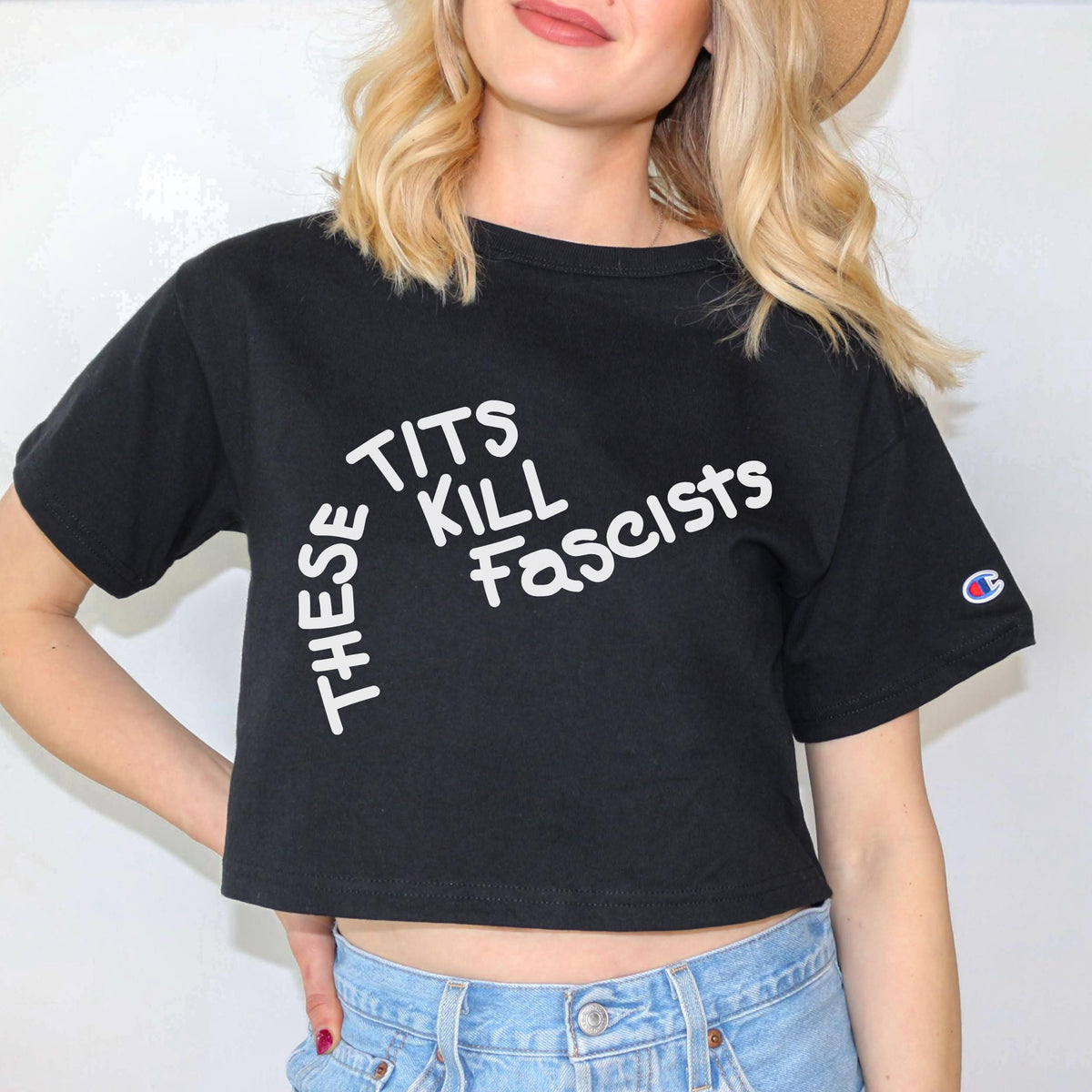 These Tits Kill Fascists graphic shirt featuring Feminist Anti-Fascist in Black