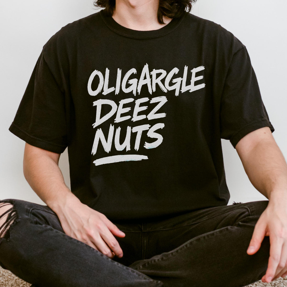 Oligargle Deez Nuts graphic shirt featuring Anti-Oligarchy Political Satire in Army