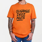 Oligargle Deez Nuts graphic shirt featuring Anti-Oligarchy Political Satire