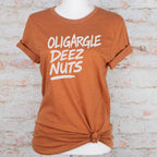 Oligargle Deez Nuts graphic shirt featuring Anti-Oligarchy Political Satire