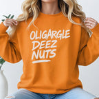 Oligargle Deez Nuts graphic sweatshirt featuring Anti-Oligarchy Political Satire Designz